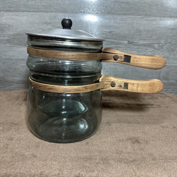 Vtg Pyrex Glass Flameware Double Boiler With Wood Handles USA Made 6763-L Rare - Picture 1 of 16